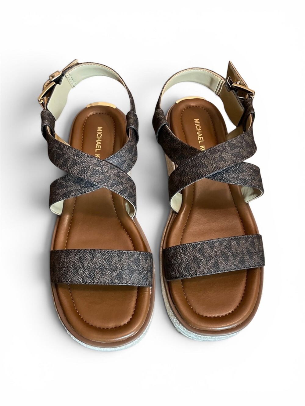 🆕️Michael Kors Brown Crisscross Strap Sandals with Gold Buckles
